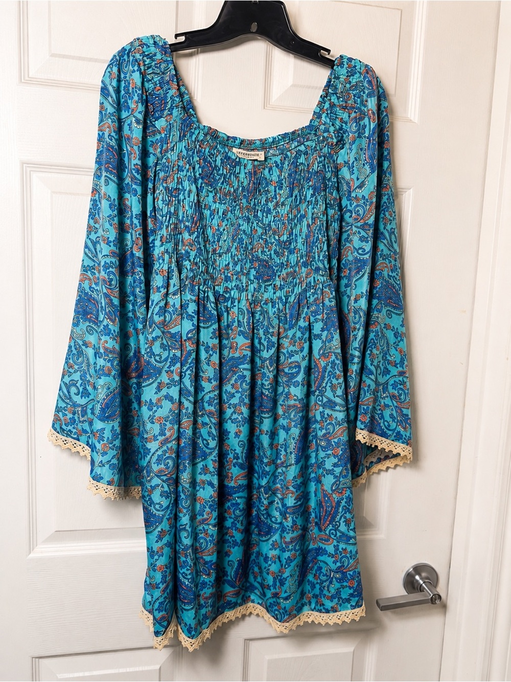 EARTHBOUND Teal Paisley Bell  Sleeve | Butter Soft | Boho Dress with lace Trim